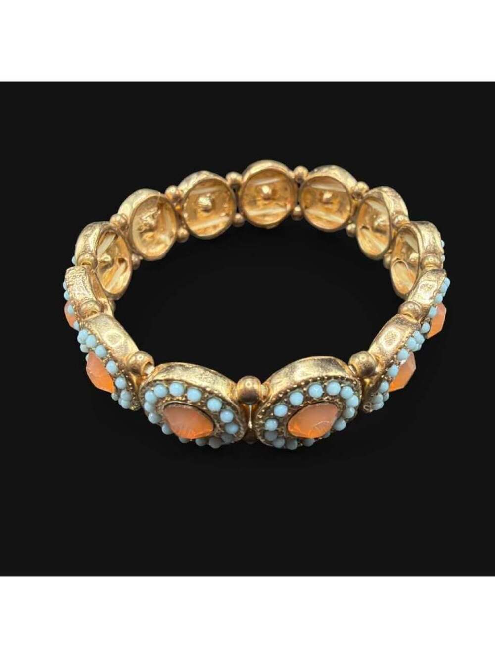 Gold Tone Orange and Blue Beaded Stretch Bracelet